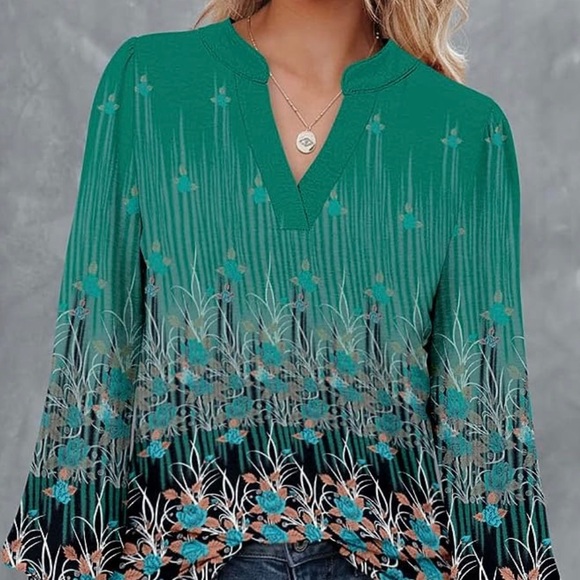 Blouse Women's Turquoise, beige, Blouse. With Bishop Sleeves. V-neck. Large - Picture 6 of 13